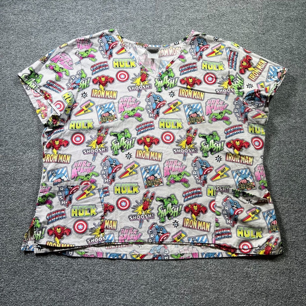 Marvel Avengers Scrub Top Womens 2XL Multicolor Comic Print Medical Uniform